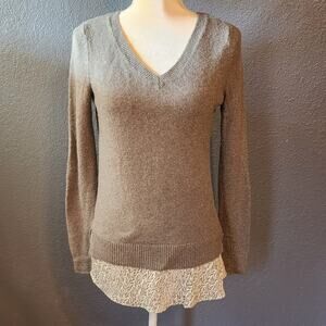 Loft Plus Branch Flounce Mixed Media Layered Army Green Sweater Size XS